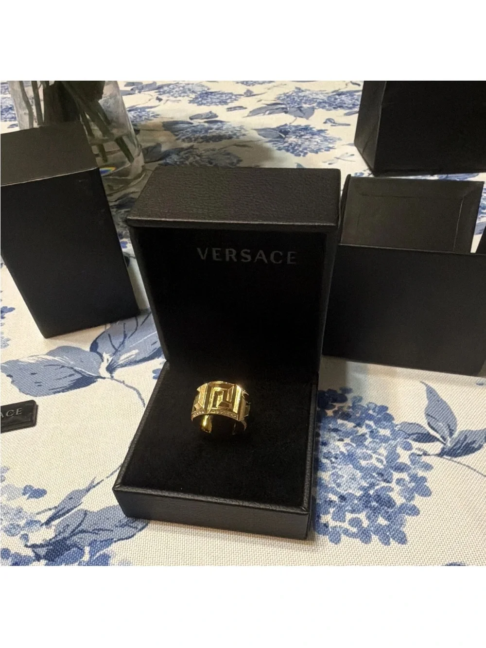 VERSACE Gold Tone Clear Crystal Geometric Band Ring w/box